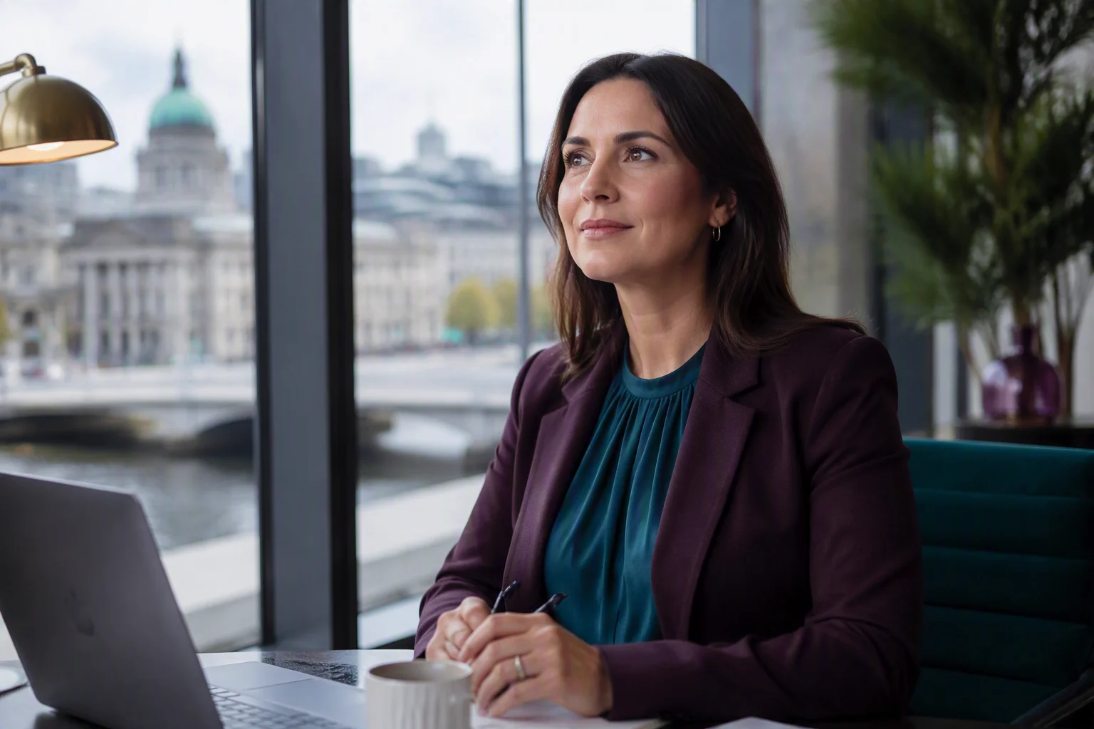 An illustrative professional reflecting on her next career step